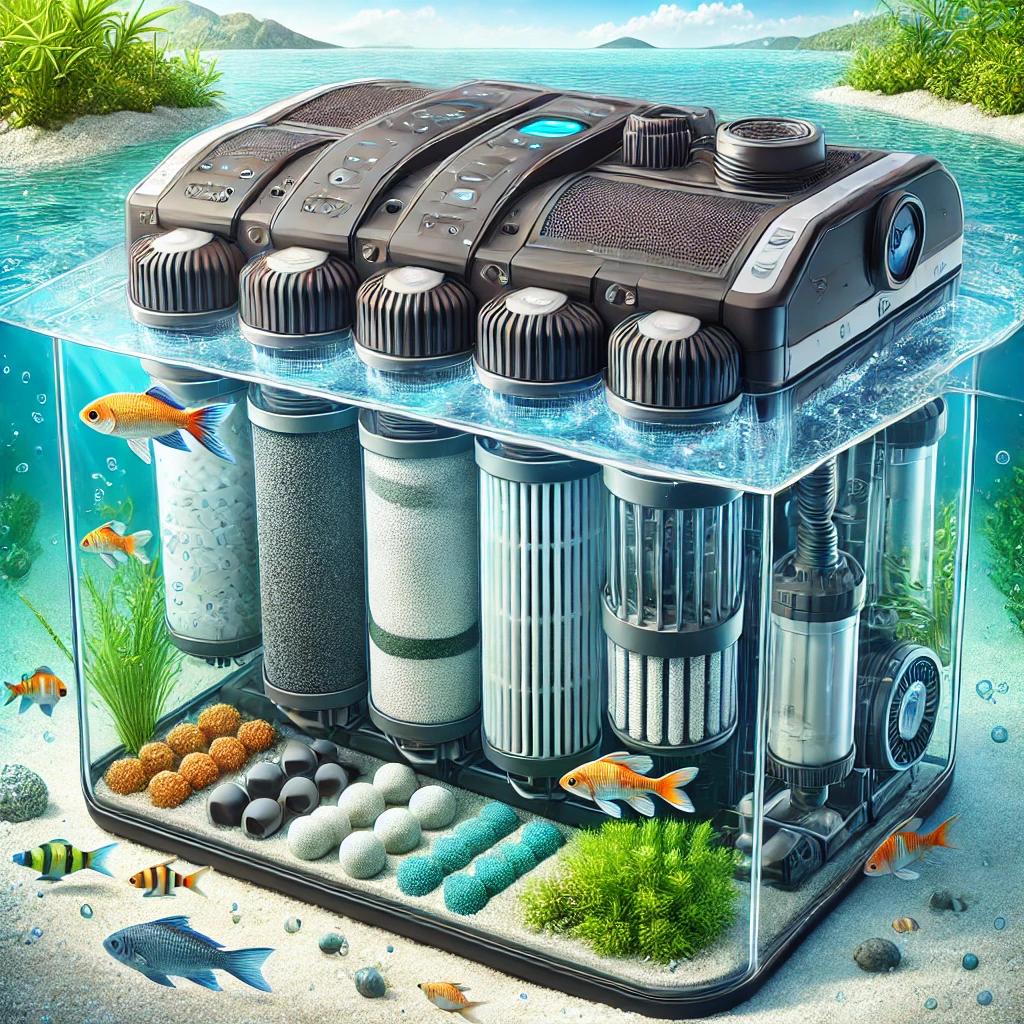 A detailed illustration of a modern aquarium filte